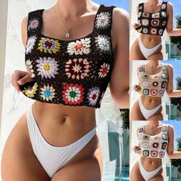 Women's Swimwear Tops Boho Loose Casual Beach Vacation Hollow Out Sleeveless Tank Top Swimsuit Blouse Knitted Stitching Clothing 2024