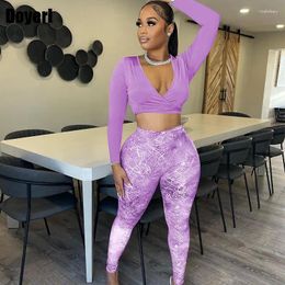 Women's Two Piece Pants Sexy Bodycon 2 Sets Womens Outfits Fall Clothing For Women 2024 Bandage Crop Top And Tie Dye Leggings Set Tracksuit