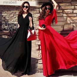 Basic Casual Dresses Red Chiffon Boho Beach Sundress Women's Long Summer V-Neck Half Sleeve Elastic High Waist Swing Party Maxi Dress YQ240110