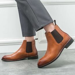 Retro Brown for Men Fashion High Top Leather Slip-on Man England Style Casual Social Men's Ankle Boots