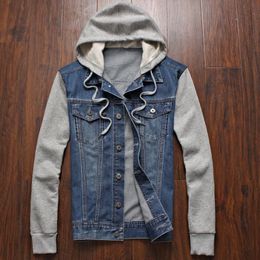 Men's Fall And Winter Jacket Slim Fake Two Pieces Denim Hooded 240109