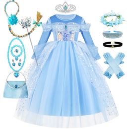 Girl Dress Long Sleeve Princess Cosplay Costume Blue Sequin Children Bithday Surprise Kids Ball Gown 240109