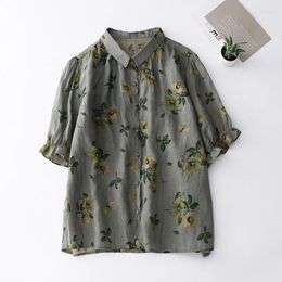 Women's Blouses Summer Cotton Linen Blouse For Women Vintage Art Floral Print Ruffle Short Sleeve Shirt Casual Loose Ladies Top