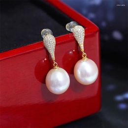 Stud Earrings 18K Gold-plated Full Zircon 7-8mm 8-9mm South Sea Round White Pearl Earring 925s... Gift Box