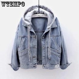 WTEMPO Women Spliced Hoodie Drawstring Long Sleeve Denim Coat Button Down Hoody Blue Black Jean Spring Autumn Outwear 240109