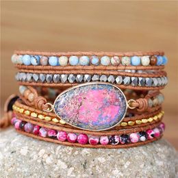 Bracelets YueTong Handmade Bohemian Blue Pink Multi Colours Gemstone Charm Leather Beaded Wrap Bracelet Yoga Statement Jewellery Wholesale