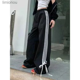 Women's Pants Capris Deeptown Black Stripe Women's Sport Sweatpants Wide Oversized Harajuku Casual Joggers Parachute Pants Autumn Korean FashionL240110