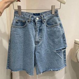 Women's Shorts 2024 Spring Summer Loose Ripped Holes Ladies Wide Leg Jeans High Waist Pockets Straight Women Denim