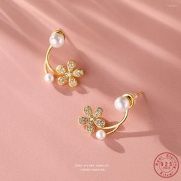 Stud Earrings Girls 925 Sterling Silver Inlay Shell Pearl Zircon Flower For Women Wedding Party Jewellery