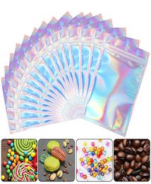 100 pieces Resealable Mylar Bags Holographic Colour Multiple Size Smell Proof Clear Zip Lock Food Candy2915228