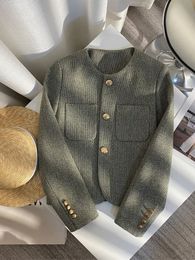 Korean Y2k Chic Female Tweed Basic Jacket For Women Coat Spring Autumn O Neck Long Sleeve Woolen Short Outerwear 240109