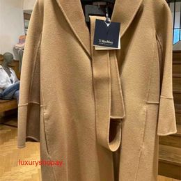 Maxmaras Women's Wrap Coat Camel Hair Coats Arona Collection Solid Colour Long Sleeved Wool Lapel Medium Length Woollen Coat for Women RJCT