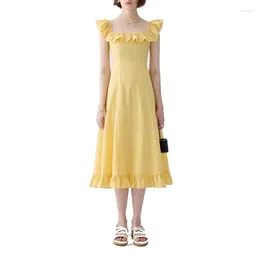 Casual Dresses Yellow Polka Dot Print Women Dress Fashion Puff Sleeve Ruffle Trim 50612