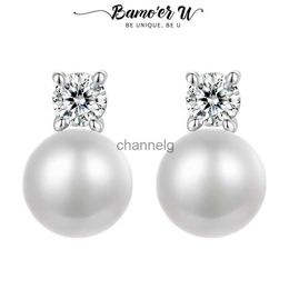 Stud Bamoer U 0.1CT Moissanite Pearl Ear Studs Natural Freshwater Drop Earrings Lab Created Diamond 925 Sterling Silver Jewelry Gift YQ240110