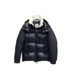 Women's fall and winter designer thickened lambskin splicing wool collar removable hat men and women with the same down jacket 1FR46