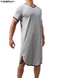 Summer Short Sleeve V Neck Homewear INCERUN Men Patchwork Sleep Robes Hombre Loose Comfy Bathrobes Casual Solid Nightgown S-5XL 240110