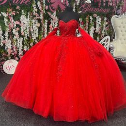 Red Shiny Quinceanera Dress Sweetheart Applique Lace Ball Gown Long Sleeved Crystal Tull Sweet 15 Vestidos De XV Anos