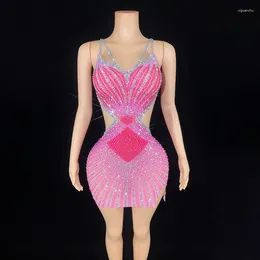 Casual Dresses Sexy Sparkly Rhinestones Short Dress Summer Backless Women Evening Celebriate Birthday Nightclub Outfit Show Stage Wear