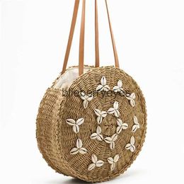 Shoulder Bags Round Str Beach Bag Summer Woven Shell Handmade Shoulder Bag Girls Circle Rattan Braided Detail Tote Bag With zipperblieberryeyes