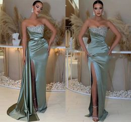 Luxury Mermaid Evening Dress 2024 With Detachable Train Strapless Beading Pleats Side Slit Silk Satin Prom Formal Party Gowns Robe De Soiree Vestidos De Gala