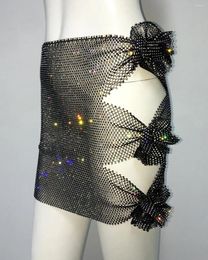Skirts Sexy Rhinestone Hollow Out Beach Bikini Y2k Tie Flowers Mini Skirt For Women Rave Party Shiny Fishnet Clothes
