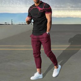 Summer Men's T-shirt Long Pants Tracksuit Geometry 3D Print T Shirts Trousers Set 2 Pieces Streetwear Oversized Suits Sportswear 240110