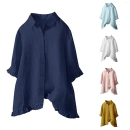 Women's Blouses Summer Casual Cotton Linen Tops Female Medium Sleeved Ruffled Solid Colour Shirt Women Single Breasted Oversized Lapel Blouse