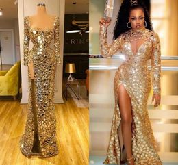 Sexy Gold Mermaid Prom Party Dresses 2024 Long Sleeve High Split Plus Size Special Ocn Gowns For Black Girl