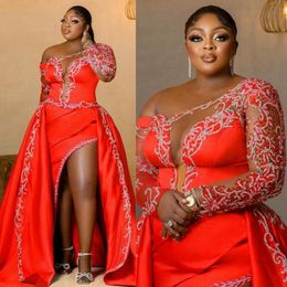 Plus Size Aso Ebi Prom Dresses One Shoulder Red High Split Rehinestones Formal Evening Dress for Special Occasions with Detachable Train Birthday Party Gowns NL445