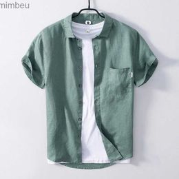 Men's T-Shirts Short Sleeved Shirt for Men Summer New 100% Pure Linen Tops Male Casual Turn-down Collar Clothing Solid Colour Pocket DecorationL240110