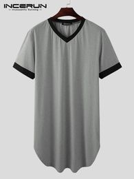 INCERUN Men's Nightgown Fashion Patchwork Sleep Robe Solid Sleepwear Short Sleeve Bathrobe Loose V Neck Nightwear S-5XL 240110