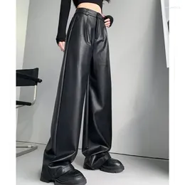 Women's Pants Leather Women PU Black Harajuku Y2K Fashion High Waist Straight Trousers Faux Chic Autumn Winter Streetwear Wide Leg