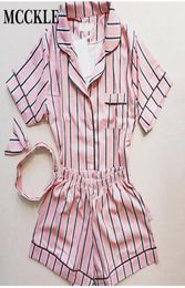 MCCKLE Women Striped Cute Print Pajama Sets Shirt And Shorts 2 Pieces Sets Nightwear Female Girl Short Sleeve Sleepwear Pajamas4254202