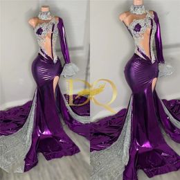 Neck Purple Long Prom Dress for Black Girls 2024 Beaded Crystal Birthday Party Dresses Ruffles Evening Gowns High Slit es