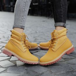 Quality Cow Leather Unisex Fashion Yellow High Top Men's Winter Boots Trend Lace-up Gothic Boot Women Size 35-45