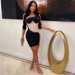 Casual Dresses Women One Shoulder Sleeveless See Through Mesh Patchwork Diamonds Sexy Party Pearls Rhinestone Bodycon Night Club Dress