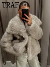 TRAF Faux Fur Cropped Jackets for Women Coats Thick Warm Soft Jacket Woman 2024 Long Sleeve Casual Winter Coat In Outerwear 240110