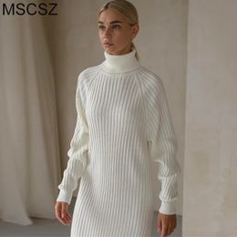 White Knitted Dress Turtleneck Long Sleeve Oversized Sweater Dress Female Fashion Short Autumn Winter Dresses For Women 240109