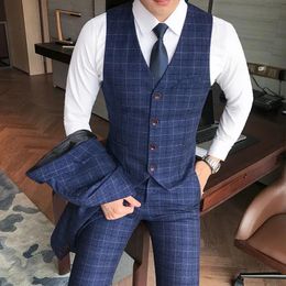 Vests Luxury men's check vest suit trousers 2019 men's formal wear wedding dress large size casual business men's suit vest trousers