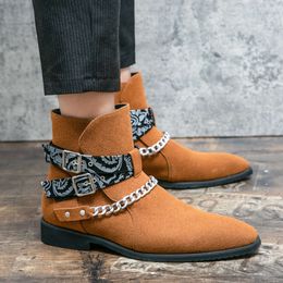 Chain Suede for Men Fashion Casual Slip-on Man Ankle Trendy Comfortable Leather Non-slip Men's High Tops Boots