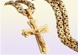 Religious Jesus Cross Necklace For Men Gold Stainless Steel Crucifix Pendant with Chain s Male Jewellery Gift 2618659