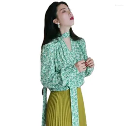 Women's Blouses Flower Print Casual Chiffon T-shirt Women Long Sleeves V-neck Loose Tops Vintage Simple Style Party Female Clothing 2024