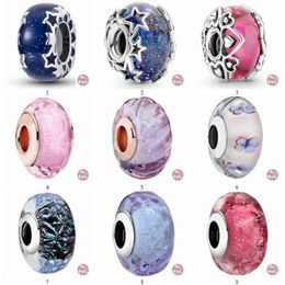 925 Sterling Silver Murano Glass Beads Blue Pink Purple Round Charm plata de ley 925 Original For DIY Bracelet Jewelry