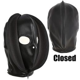 Double-layer Leather Zipper Closed Sex Hood Mask Full Head Harness Slave Open Eye Mask With Breathing Hole Masks SM Toys 240109