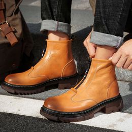 Quality Genuine Leather Men Fashion Brand Men's Ankle Zipper Platform Short Boots Man Brown High Top Boot