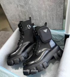 Marca de luxo feminino de Milano Martin Boots 2024 Designer de primavera genuíno Botas de moto de couro, sapatos de salto grossa Prads Zapatos de Mujer Triangle Logo Wang