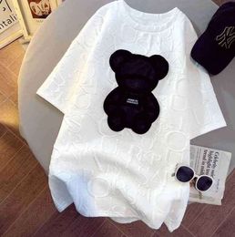 Women's T-shirts Harajuku Girls Plus Size Tops Letter Jacquard O-neck Short Sleeves Loose Summer Tshirt Bear White Tees 112