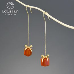 Earrings Lotus Fun Natural Red Agate Stone Unusual Gift Box Long Dangle Earrings For Women Real 925 Sterling Silver Luxury Fine Jewelry