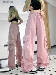 Women's Pants Capris HOUZHOU Harajuku Y2k Wide Cargo Pants Women Baggy Hip Hop Style Black Parachute Pants Pink Oversized Joggers Korean StreetwearL240110