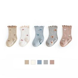 5 Pairs/lot Autumn Korean Children Girl Clothing Floral Wooden Ears Non-slip Cotton Over The Ankle Baby Floor Socks 240109